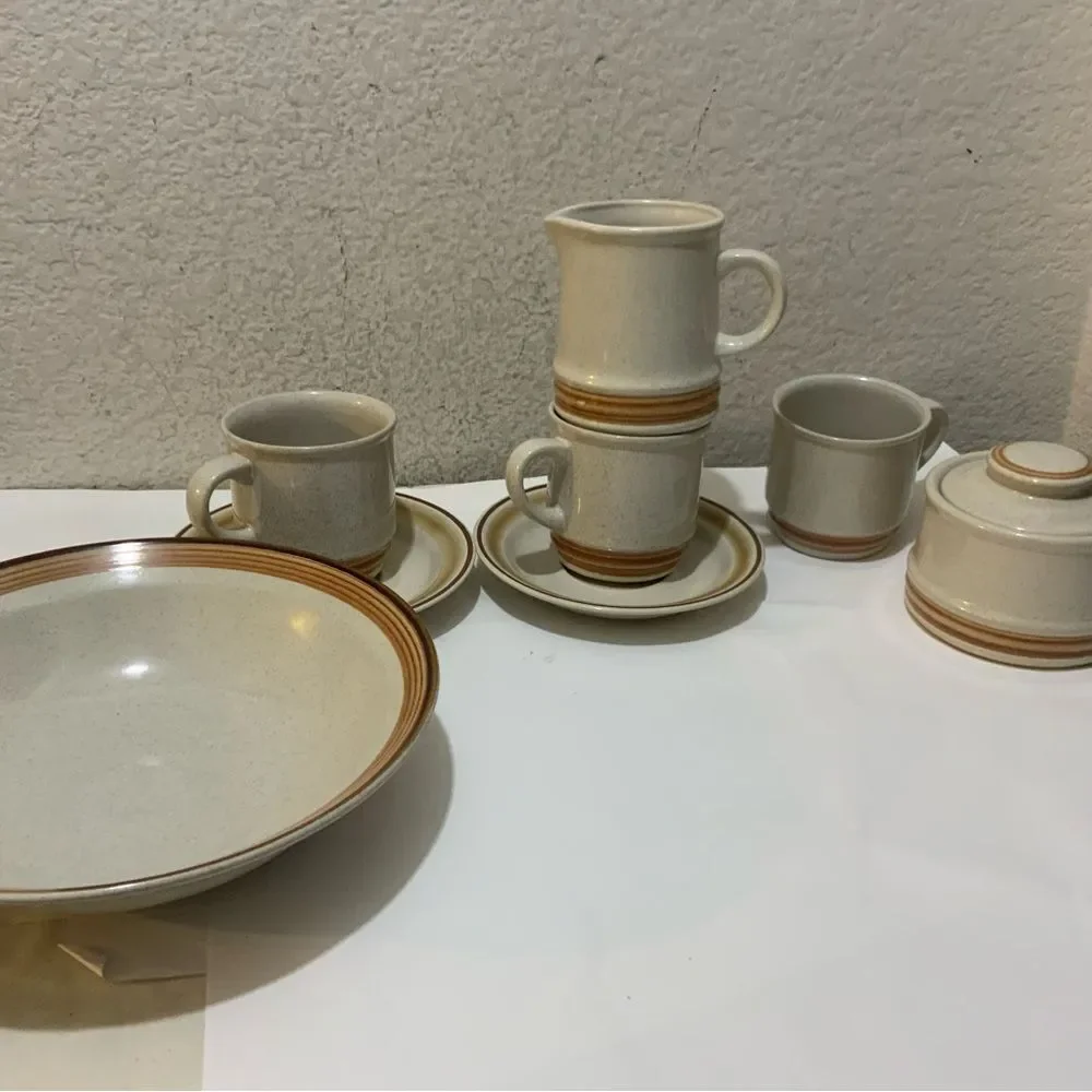 Vintage Japan Stoneware Set salad bowl creamer sugar bowl cups suacers G10